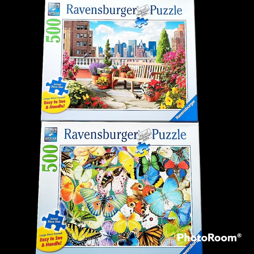 Two Ravensburger 500 Large Piece Jigsaw Puzzles - Rooftop Garden & Butterflies